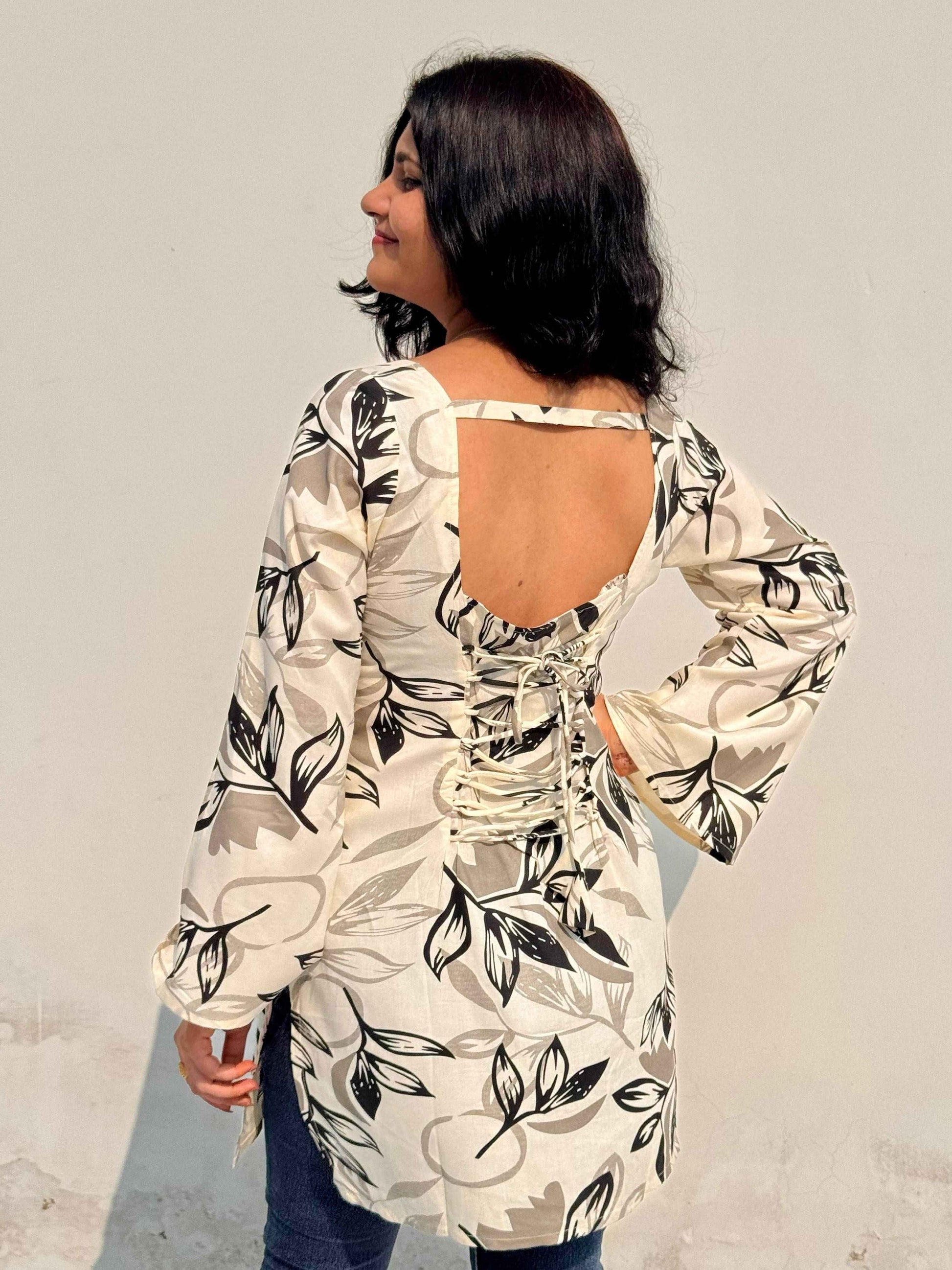 Ivory & Black Leaf Print Corset Kurti
