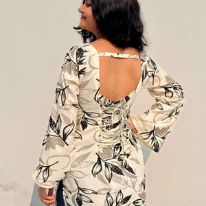 Ivory & Black Leaf Print Corset Kurti