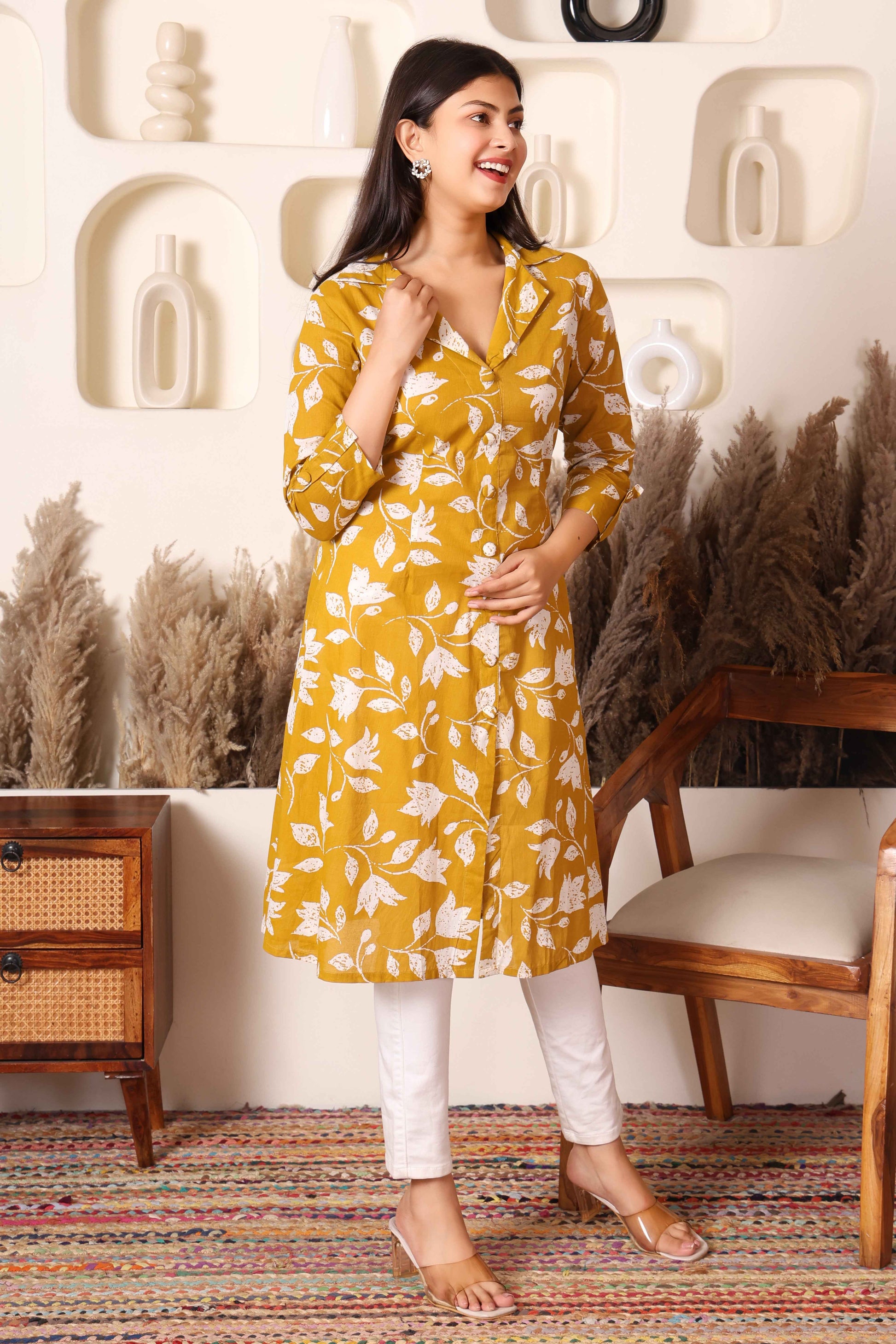 Mustard Floral Cotton Long Kurta with Side & Front Slit