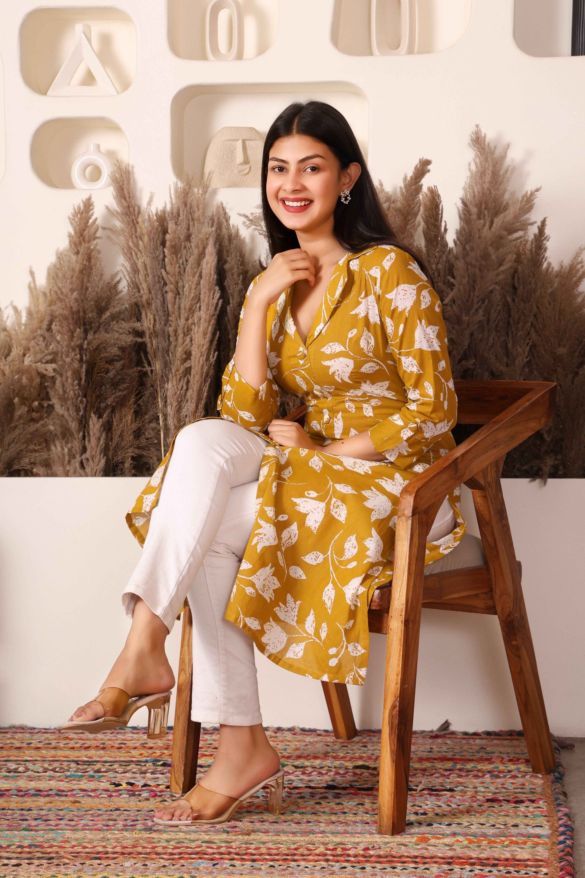 Mustard Floral Cotton Long Kurta with Side & Front Slit