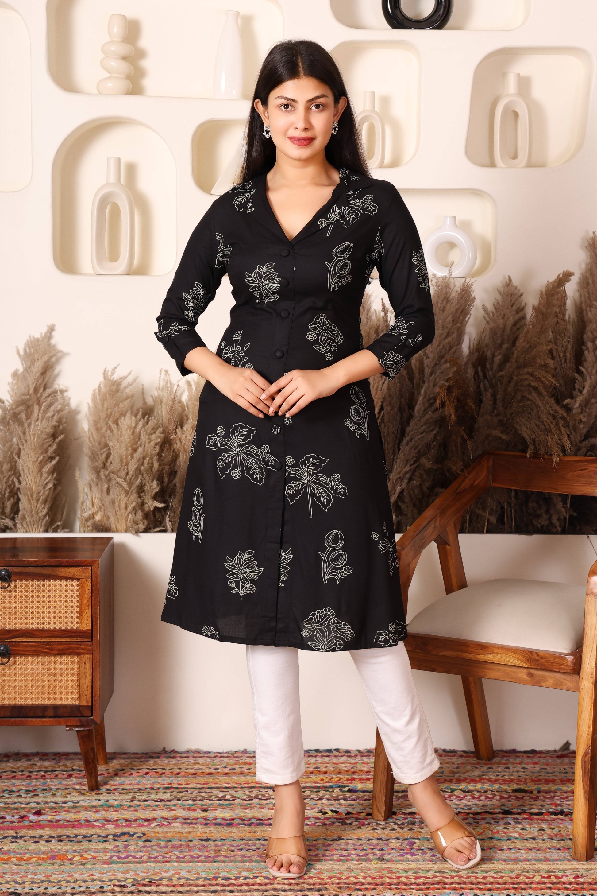 Black Printed Cotton Kurta with Side & Front Slit