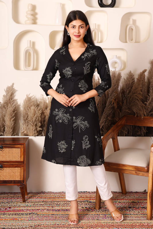 Black Printed Cotton Kurta with Side & Front Slit