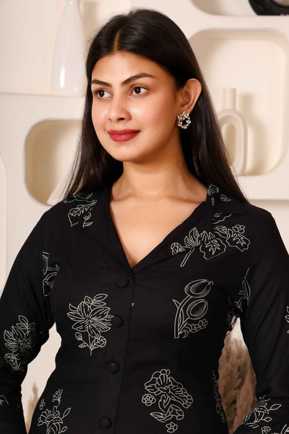 Black Printed Cotton Kurta with Side & Front Slit