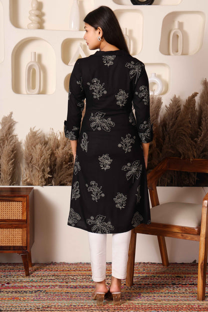 Black Printed Cotton Kurta with Side & Front Slit