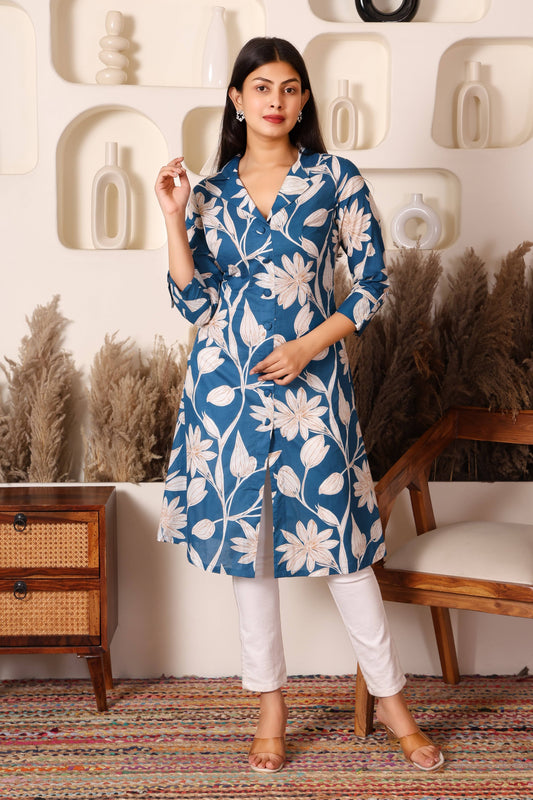 Blue Floral Print Long Kurti for Women