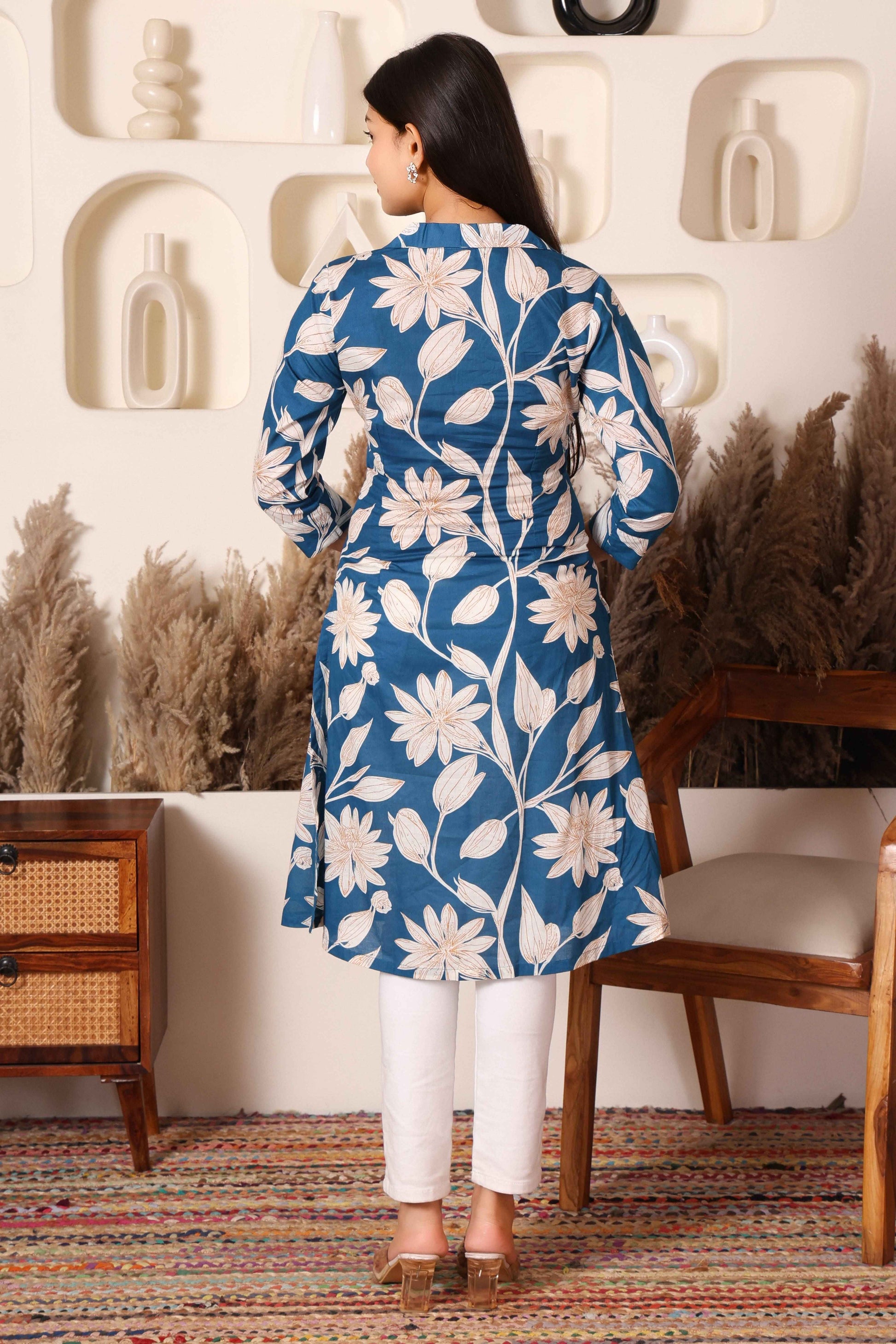 Blue Floral Print Long Kurti for Women