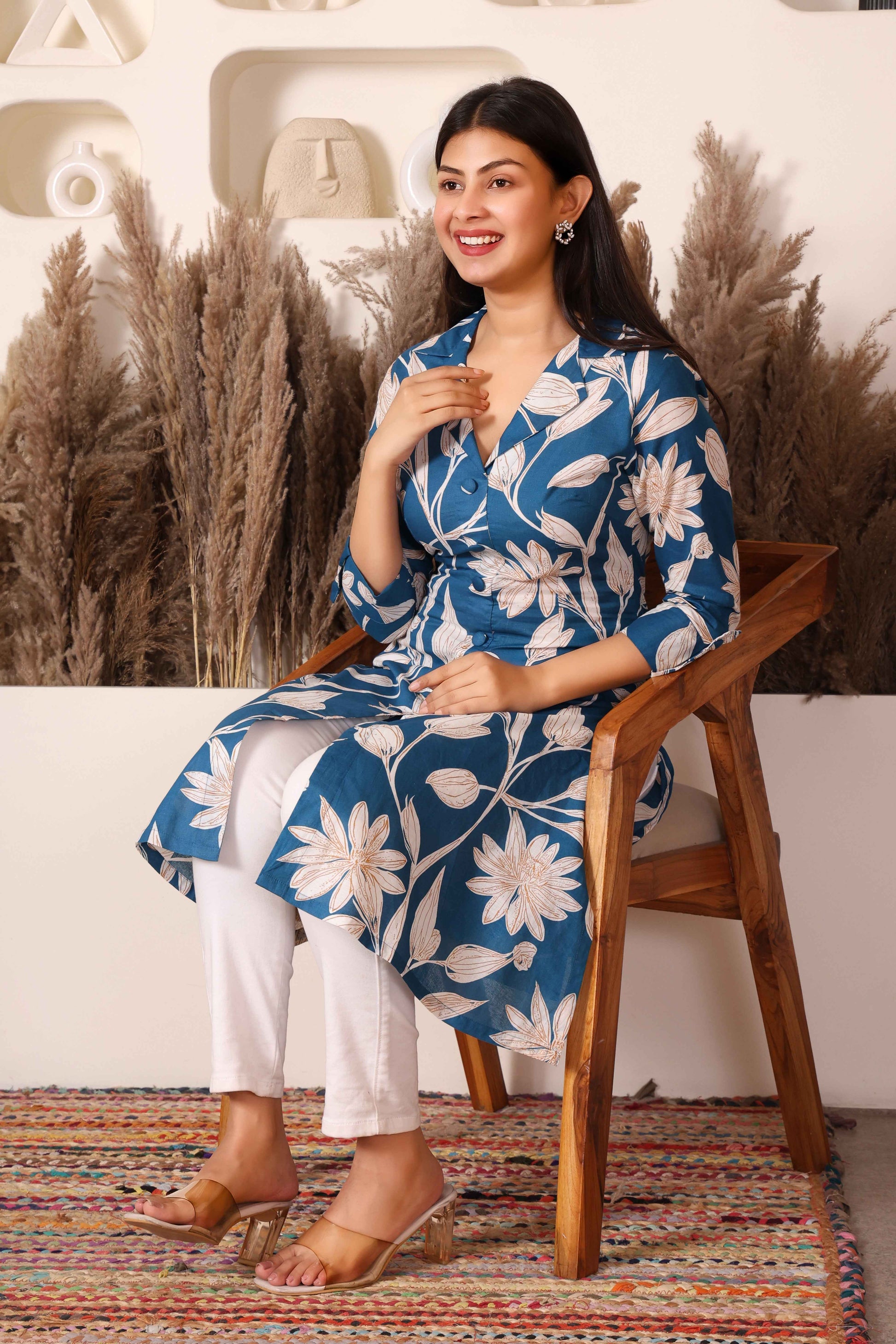 Blue Floral Print Long Kurti for Women