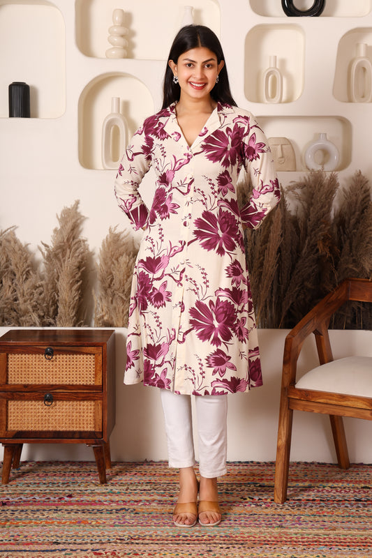 Ivory & Wine Floral Long Rayon Kurti with Side & Front Slit
