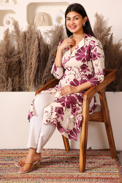 Ivory & Wine Floral Long Rayon Kurti with Side & Front Slit