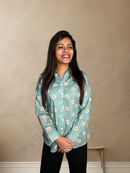 Sage Green Floral Cotton Shirt for Women | Foldable Sleeves & Bust Dart The Sutra Space Sage Green Floral Cotton Shirt for Women | Foldable Sleeves & Bust Dart The Sutra Space