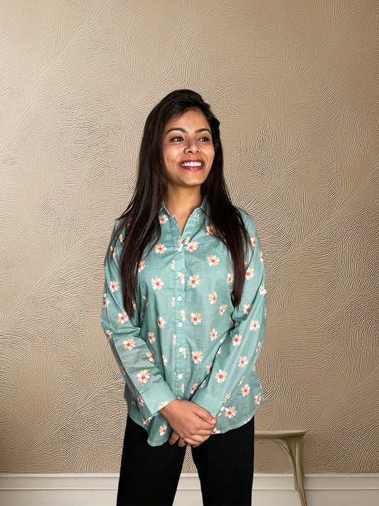 Sage Green Floral Cotton Shirt – Bust Dart & Foldable Sleeves