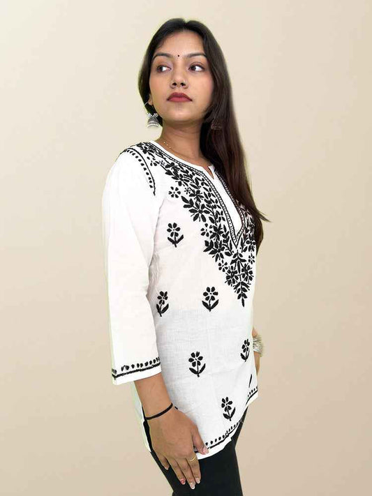 White Cotton Kurta with Black Chikankari Hand Embroidery - The Sutra Space