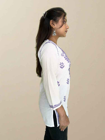 White Cotton Kurta with Lavender Chikankari Embroidery - The Sutra Space