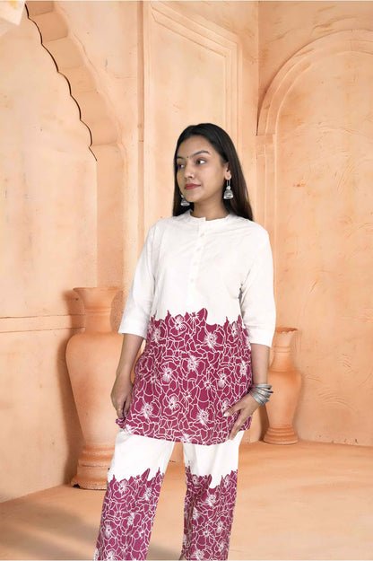 Maroon & Off-White Floral Co-ord Set - The Sutra Space