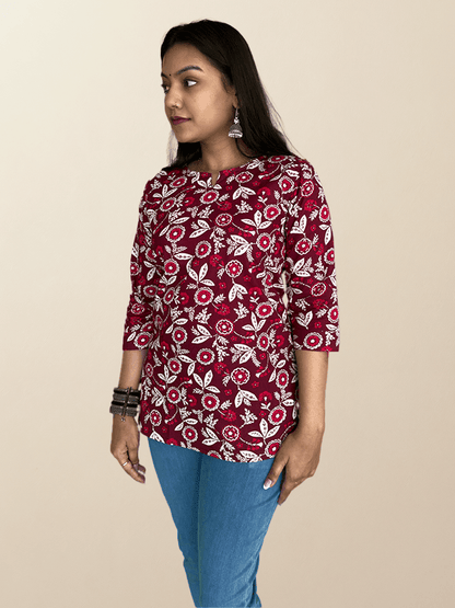 Maroon Bloom Handblock Cotton Kurta - The Sutra Space