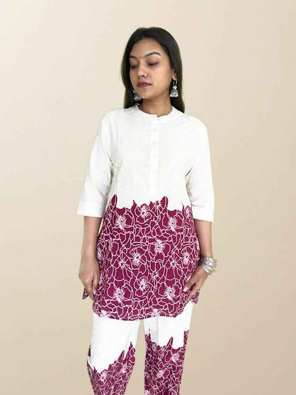 Maroon & Off-White Floral Co-ord Set - The Sutra Space
