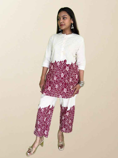 Maroon & Off-White Floral Co-ord Set - The Sutra Space