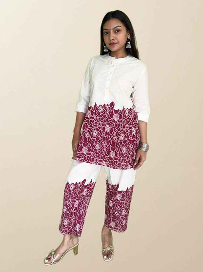 Maroon & Off-White Floral Co-ord Set - The Sutra Space