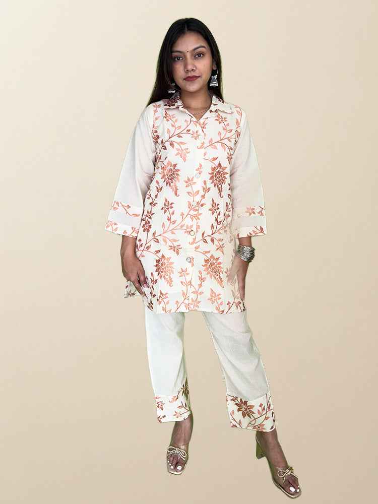 Elegant Off-White & Copper Floral Embroidered Co-ord Set - The Sutra Space