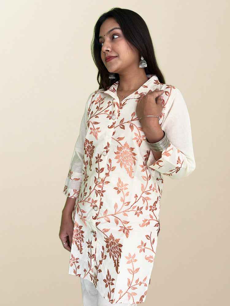 Elegant Off-White & Copper Floral Embroidered Co-ord Set - The Sutra Space