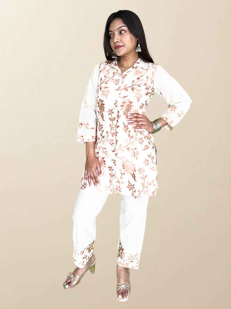 Elegant Off-White & Copper Floral Embroidered Co-ord Set - The Sutra Space