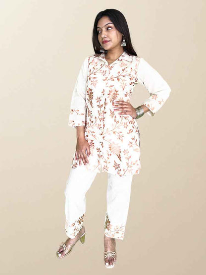 Elegant Off-White & Copper Floral Embroidered Co-ord Set - The Sutra Space