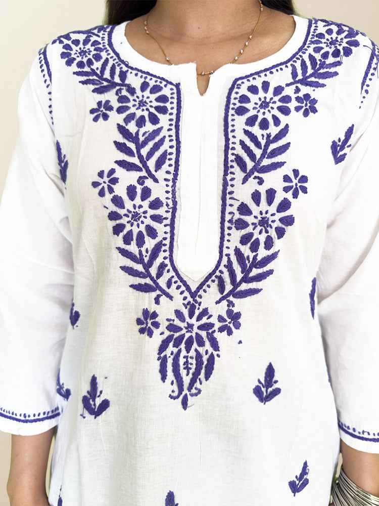 White Cotton Kurta with Purple Chikankari Hand Embroidery - The Sutra Space