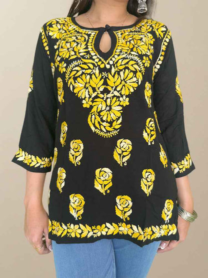 Black Cotton Chikankari Kurta with Yellow Embroidery - The Sutra Space