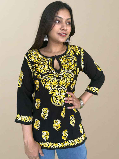 Black Cotton Chikankari Kurta with Yellow Embroidery - The Sutra Space